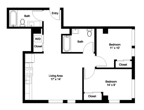Floor plan for 2 beds, 2 baths, 897 sqft
